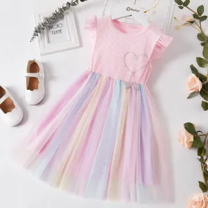 Kid Girl Beautiful Princess Fly Sleeve Heart Rainbow Mesh Fairy Dress #1163159