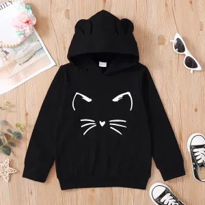 Kid Girl Cat Print Ear Design Solid Hoodie Sweatshirt/ 100% Cotton Elastic Denim Leggings #213215