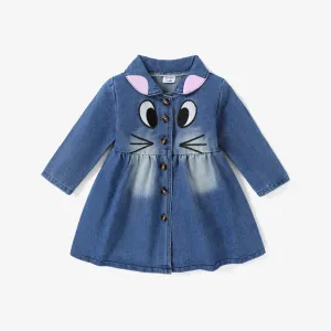 Kid Girl Childlike Cat Lape Denim Dress #1318377