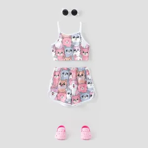Kid Girl Cute Cat Print Camisole and Shorts Set