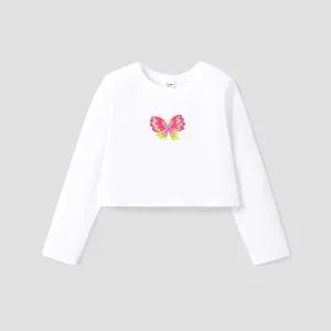 Kid Girl Sweet Butterfly Long Sleeve T-shirt / Denim Flared Jeans #1167285