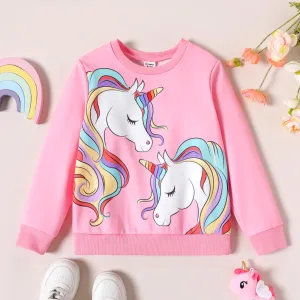 Kid Girl Unicorn Print Fleece Lined Sweatshirt/ Cat Embroidered Jeans #213241