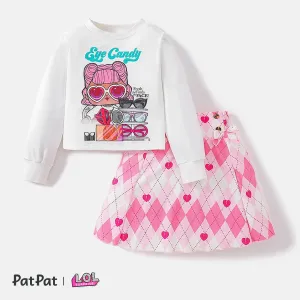 L.O.L. SURPRISE! 2pcs Kid Girl Letter Print Sweatshirt and Plaid/Pink Bow Design Smocked Skirt Set #208783