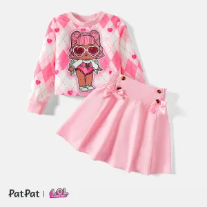 L.O.L. SURPRISE! 2pcs Kid Girl Letter Print Sweatshirt and Plaid/Pink Bow Design Smocked Skirt Set #208794