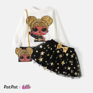 L.O.L. SURPRISE! 3pcs Toddler Girl Character Print Long-sleeve Tee and Star Glitter Design Mesh Skirt and Bag Set #210209