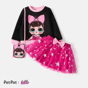 L.O.L. SURPRISE! 3pcs Toddler Girl Character Print Long-sleeve Tee and Star Glitter Design Mesh Skirt and Bag Set #210212