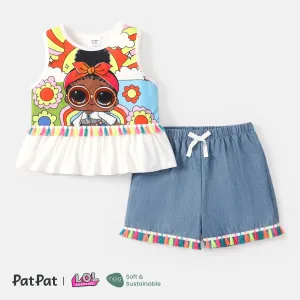 LOL Surprise Kid Girl 2pcs Graphic Print Naiaâ¢ Tank Top and Fringe Design Denim Shorts Set #904703