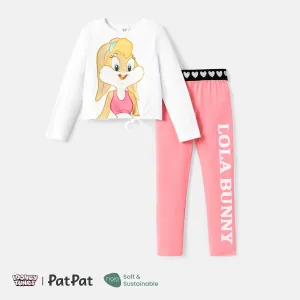 Looney Tunes 2pcs Kid Girl Character Print Tie Knot Cotton Long-sleeve Tee and Letter Print Leggings Set #220971