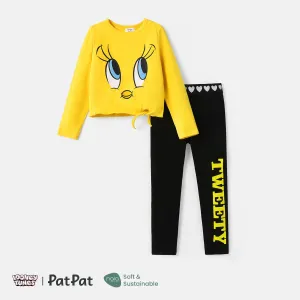 Looney Tunes 2pcs Kid Girl Character Print Tie Knot Cotton Long-sleeve Tee and Letter Print Leggings Set #220980