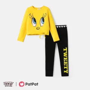 Looney Tunes 2pcs Kid Girl Character Print Tie Knot Cotton Long-sleeve Tee and Letter Print Leggings Set #220981