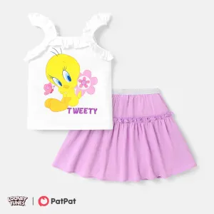 Looney Tunes Kid Girl 2pcs Character Print Ruffled Cotton Tank Top and 100% Cotton Frill Trim Skirt Set #1040474