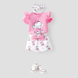 3pcs Baby Girl Elephant Print Ruffle Short-sleeve Romper and Bow Front Shorts & Headband Set