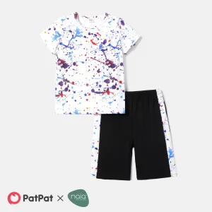 2pcs Kid Boy Naia Painting Print Short-sleeve Tee and Colorblock Shorts Set