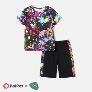 2pcs Kid Boy Naia Painting Print Short-sleeve Tee and Colorblock Shorts Set