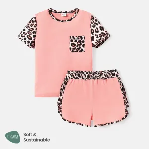 2pcs Kid Girl Naia Leopard Print Colorblock Short-sleeve Tee and Shorts Set #722881