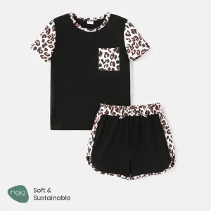 2pcs Kid Girl Naia Leopard Print Colorblock Short-sleeve Tee and Shorts Set #722888
