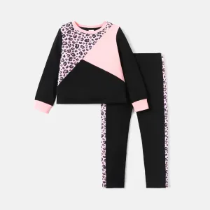2pcs Kid Girl Naia Leopard Print Colorblock Sweatshirt and Leggings Set #233832