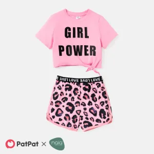 2pcs Kid Girl Naia Letter Print Short-sleeve Tee and Leopard Print Shorts Set #233860