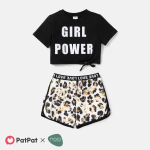 2pcs Kid Girl Naia Letter Print Short-sleeve Tee and Leopard Print Shorts Set #233867