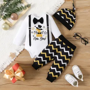 New Year 3pcs Baby Boy 95% Cotton Long-sleeve Bow Tie Decor Graphic Romper and Chevron Striped Pants with Hat Set #1055555