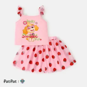PAW Patrol Toddler Girl 2pcs Character Print Flutter-sleeve Top and Strawberry Pattern Mesh Overlay Skirt Set #1040240