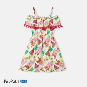 Peppa Pig Mommy and Me Watermelon & Character Print Pom Pom Decor Ruffled Off-Shoulder Slip Dresses #1048303