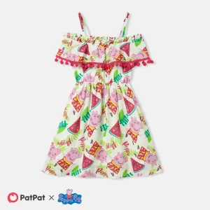 Peppa Pig Mommy and Me Watermelon & Character Print Pom Pom Decor Ruffled Off-Shoulder Slip Dresses #1048310