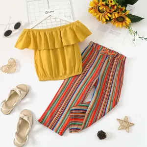 Pretty Solid Flounced Collar Top and Striped Pants Set #1218770