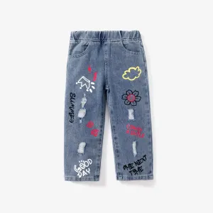 Toddler Girl/ Kid Girl 93% Cotton Graffiti Patch Pocket Loose Fit Jeans #1195473