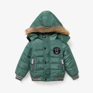 Toddler/Kid Boys Sporty Solid color/Camouflage Big Fuzzy Hooded Cotton Jacket #1211994