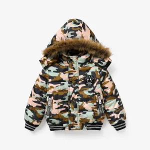 Toddler/Kid Boys Sporty Solid color/Camouflage Big Fuzzy Hooded Cotton Jacket #1211996