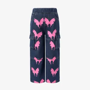 Toddler/Kid Girl 93% Cotton  Loose Butterfly Jeans with Animal Pattern Fabric Stitching #1315853