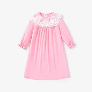 Toddler/Kid Girl Solid Lace Ruffle Long Sleeves Nightdress #1188930