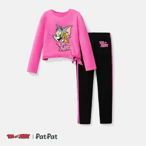 Tom and Jerry 2pcs Kid Girl Tie Knot Cotton Long-sleeve Tee and Colorblock Leggings Set #720781