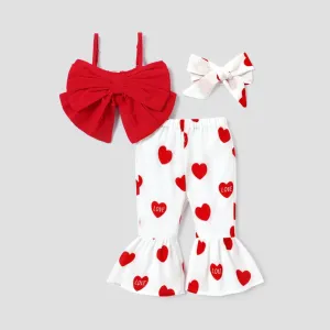 3pcs Baby Girl 100% Cotton Bow Front Cami Top and Allover Heart & Letter Print Flared Pants with Headband Set