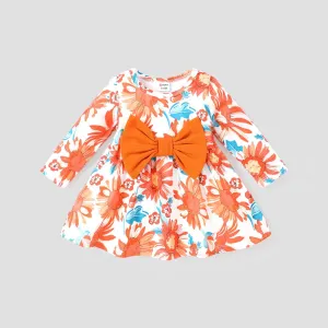 1 pc Baby Girl Solid color and Allover Sunflower Print Bowknot Dress #1194062