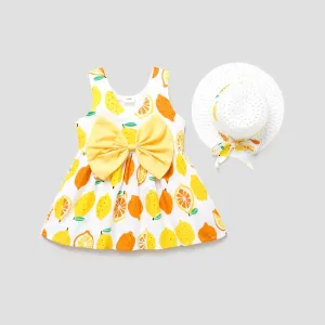 100% Cotton 2pcs Baby Girl All Over Lemon Print V Neck Sleeveless Bowknot Dress with Hat Set #197414