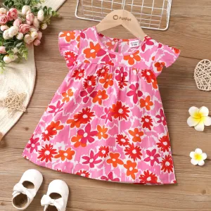 100% Cotton Baby Girl All Over Floral Print Flutter-sleeve Loose-fit Dress #1321055