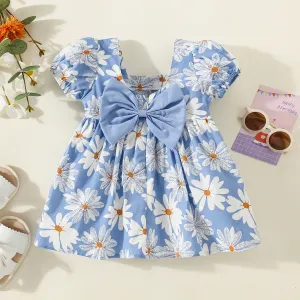 100% Cotton Baby Girl Allover Daisy Print Bow Front Short-sleeve Dress #1034121