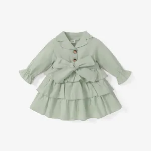 100% Cotton Baby Girl Green Lapel Single Breasted Long-sleeve Layered Ruffle Dress #195680