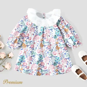 100% Cotton Medium Thickness Long Sleeves Elegant Baby Girl Dress with Puff Sleeves and Floral Pattern