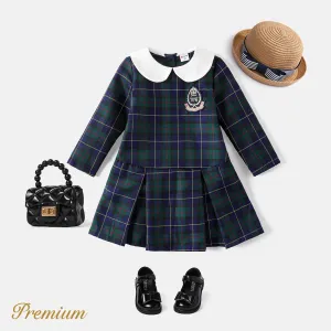 2 pcs Long Sleeves School Style Lapel Toddler Girl Dress Set in Grid/Houndstooth Pattern #1056907