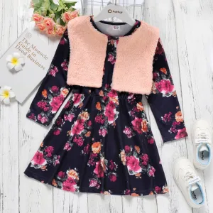 2-piece Kid Girl Floral/Leopard Print Long-sleeve Dress and Fuzzy Vest Coat Set #829550