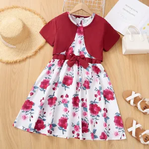 2-piece Kid Girl Floral Print Bowknot Design Sleeveless Dress and Cardigan Set #717968