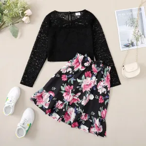 2-piece Kid Girl Lace Design Long-sleeve Tee and Bowknot Design Floral Print Skirt Set #196556