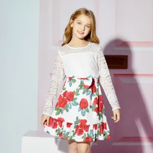 2-piece Kid Girl Lace Design Long-sleeve Tee and Bowknot Design Floral Print Skirt Set #717953
