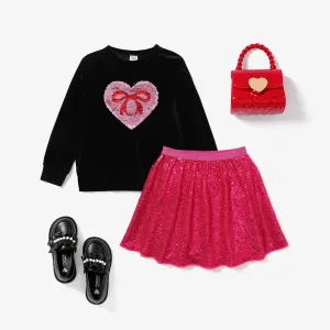 2-piece Kid Girl Sequined Heart-shaped Bowknot design Skirt Set #1190078