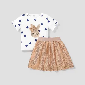 2-piece Kid Girl Unicorn Letter Print/Sequin Rabbit Pattern Heart Print Short-sleeve Tee and Sequined Skirt Set