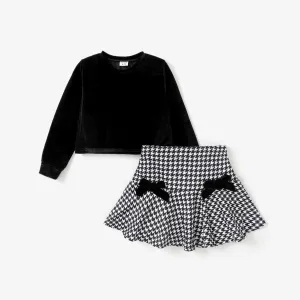 2pcs Kid Girl Velvet Long-Sleeve Crop Tee and Grip Skirt Set #194252