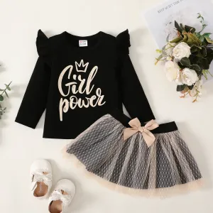 2pc Baby Girl Sweet Letter Print Mesh Longsleeve Skirt Set #1056456
